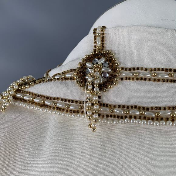 VICTORIA ROYAL Size 12 Cream Polyester Beaded Shawl Collar Jacket Blazer - Picture 6 of 11